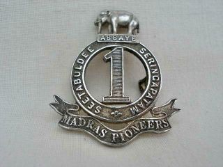 Madras Pioneers Hallmarked 1926 Silver Cap Badge By J.  R.  Gaunt Of London.