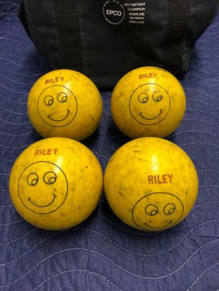 Set 4 Vintage Paramount Candle Pin Bowling Balls - Yellow Smiley Face And Bag