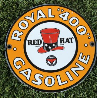 Porcelain Steel Sign Royal 400 Gasoline Red Hat Pump Plate Push Oil Lubester