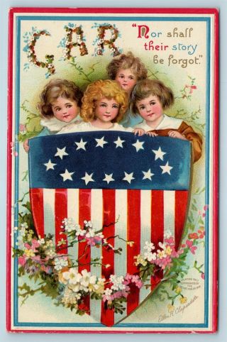 Postcard Gar Memorial Day Patriotic Shield Children A/s Ellen Clapsaddle W8