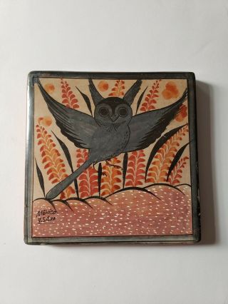 Vintage Mexican Folk Art Owl On Tile By V Silva Tonala Tile