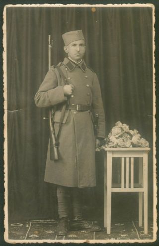 Yugoslavia Serbia Kingdom Soldier With Rifle Bayonet Photo