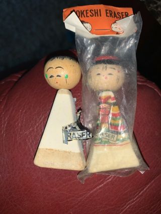 Vintage Japanese Boy & Girl Eraser Dolls Japan Wood Kokeshi Pagoda Geisha Toy