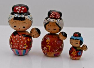 Vintage Hand Painted Japanese Kokeshi Wooden Dolls W/ Babies 1 1/4 " To 2 1/2 "