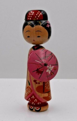 Vintage Hand Painted Japanese Kokeshi Wood Doll 5 " (12.  7 Cm) W/ Wagasa Umbrella