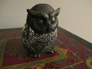 Owl Table Night Lamp,  Bronze Metal And Mosaic Stained Glass,  5 1/2 Inches Tall