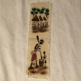 Vintage Hand Painted African Stencil Cloth Bookmark Mother Child Mortar Pestle
