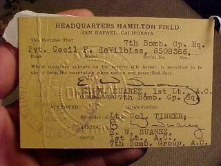 Pre Wwii 1930s Us Air Corps 7th Bomb Group Pass / Id Hamilton Field Ca