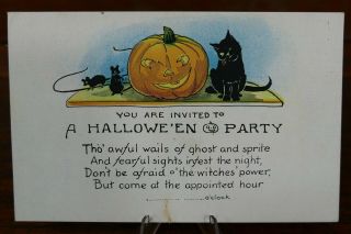Vintage 1920s Halloween Postcard Miller Art Co Series No 297 Black Cat Mice Jol