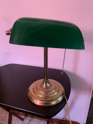 Vintage Bankers Lamp With Green Glass Shade,  14”