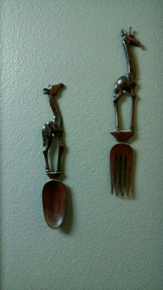 Authentic African Souvenir Carved Wood Giraffe Fork & Spoon Wall Art Decoration