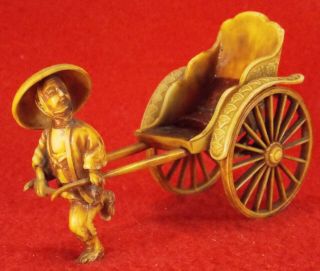 Vintage Celluloid Japanese Rickshaw Collectible Pulled By Man In Big Hat