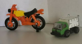 2 / 1970s Vtg Toys Mini Tonka Green Garbage Truck & Orange Motorcycle D3