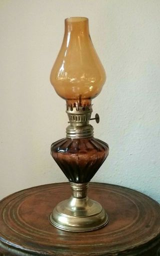 Vintage Small Amber Glass Oil Lamp - 10 " - Made In Hong Kong