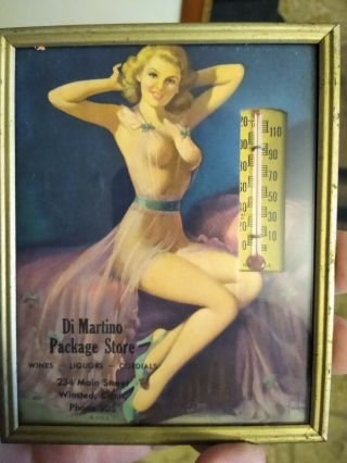 Vintage Pinup Girl Advertising Thermometer & Calendar.  4 " X 5 " Store Advertising