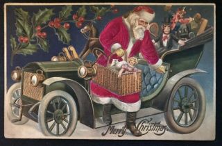Silk Santa Claus With Old Car Toys Antique Merry Christmas Postcard - A787