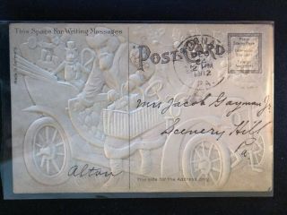 SILK SANTA CLAUS with Old Car Toys Antique Merry CHRISTMAS Postcard - a787 2