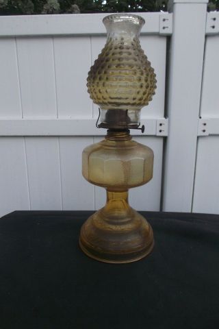 Vintage Amber Glass 17 - 1/2 " Kerosene Oil Lamp W/hobnail Chimney & Wick