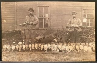Real Photo Postcard Rppc Two Men W Guns Dog & Line Of Dead Ducks Hunters Hunting