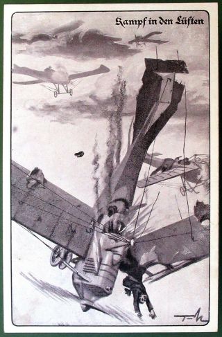 Antique Wwi German Military Aircraft Postcard - Burning Airplane,  Pilot Mid - Air