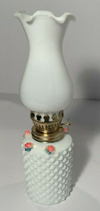 Vintage Milk Glass Miniature Oil Lamp With Roses Hobnail Pattern Mini Hurricane