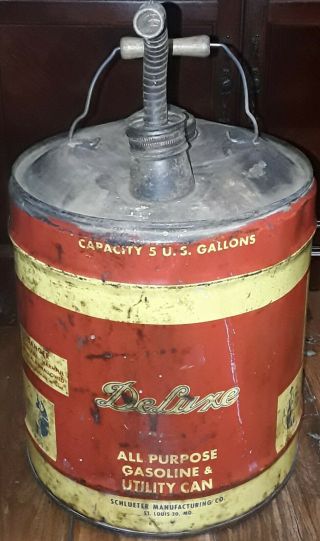 Vintage Schlueter Mfg.  Co.  Deluxe Metal 5 Gallon Gas Can W/ Spout & Wood Handle