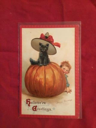 Vintage Halloween Postcard 1910 Frances Brundage Black Cat On Pumpkin With Child