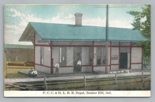 Pcc&stl Railroad Station Bunker Hill Indiana Rppc Train Depot Photo Antique 1910