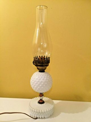 Tall Vintage Hobnail Milk Glass Table Lamp With Hurricane Shade