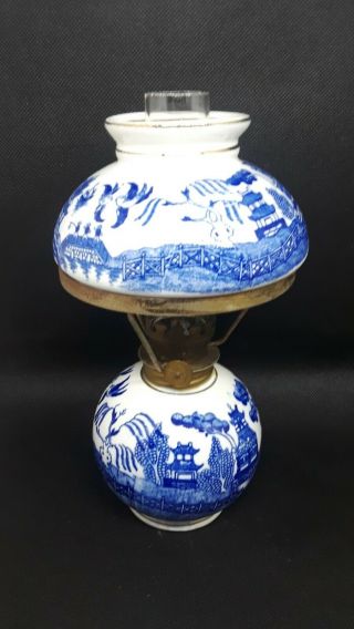 Vintage Miniature Oil Lamp Hand Painted Porcelain Blue White Japan