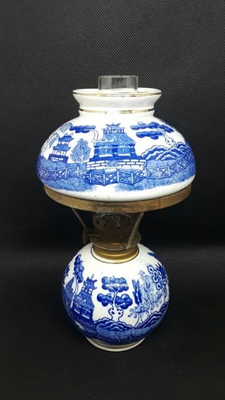 Vintage Miniature Oil Lamp Hand Painted Porcelain Blue White Japan 2