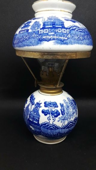 Vintage Miniature Oil Lamp Hand Painted Porcelain Blue White Japan 3