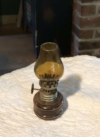 Vintage Miniature Brown Amber Glass Oil Lamp 4 “