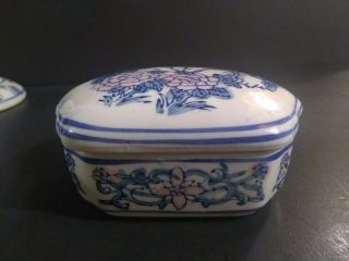 Vintage Blue White Pink Porcelain Chinese Lidded Box Made In China Branded