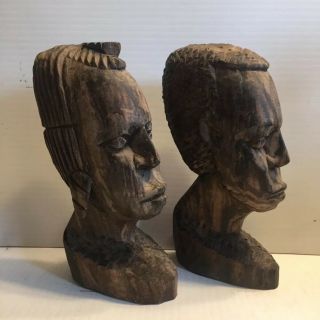 Vintage African Hand Carved Tribal Man & Woman Bust Sculpture Folk Art