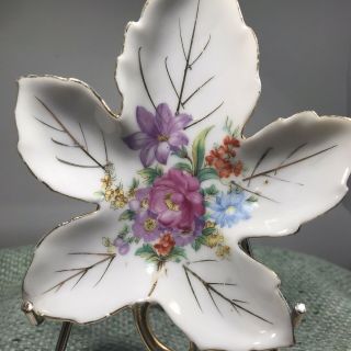 Made In Japan Leaf Flower Porcelain Trinket Dish Pink Yellow Blue Gold Trim