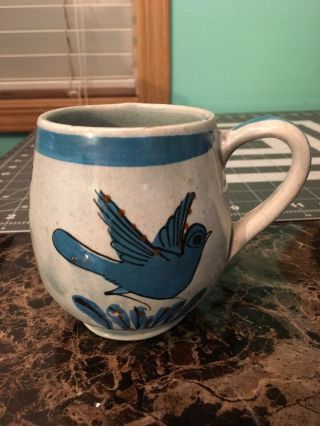 Tonala Mexican Pottery Mug With Blue Bird And Leaf Design