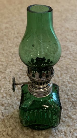 Vintage Miniature Green Glass Oil Lamp Lantern Hong Kong 4 1/2 "