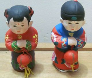 Set Of 2 Hand - Painted Pottery Oriental Dolls - Man And Woman