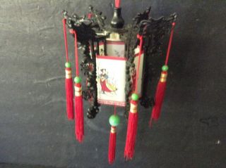 Vintage Chinese Lantern Chandelier With Red Tassels,  Printed Asian Designs