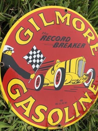 Vintage Gilmore Gasoline Porcelain Pump Sign Record Breaker Race Car Pump Plate