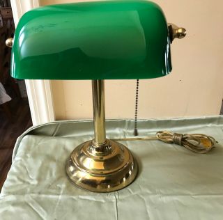 Vintage Bankers Office Desk Lamp With Green Glass Shade And Brass Base