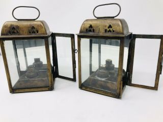 2 Vintage Metal Glass Kerosene Oil Mirrored Lantern Lamps Candle Holders