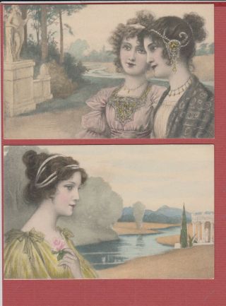 Old Postcard Set Of 5 Pristine Unsigned Greek Style Girls M.  M.  Vienne