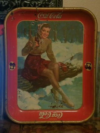 Vintage 1941 Coca Cola Advertising Tip Tray Female Skater W/ Hanger Wwii Era