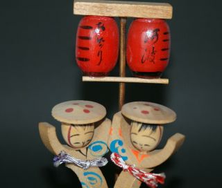 5.  7 " Japanese Awa - Odori Dancer Kokeshi Dolls/ With Dram & Red 