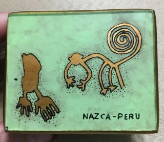 Peruvian Hand Painted Nazca Peru Wooden Box Green & Gold