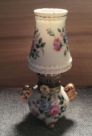 Vintage Miniature Pink Roses Oil Lamp Globe Shade Hand Painted Porcelain Japan