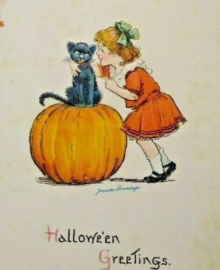 Vintage Halloween Postcard Frances Brundage Girl Black Cat 123