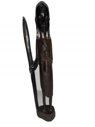 Vintage African Tribal Ebony Wood Masai Warrior Figurine Statue Kenya 14 " X 3 "